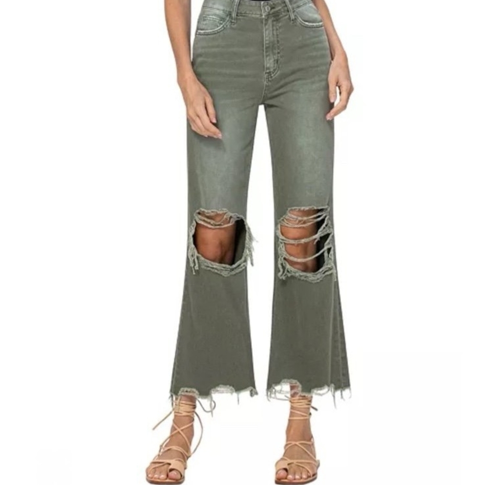 VERVET Olive Distressed Flare Jeans